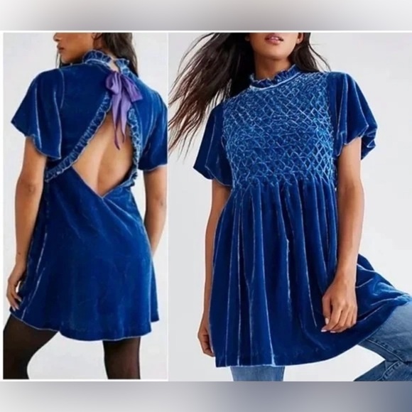 Free People Gum Drop Velvet Min Dress Blue Smocked XS? Read* whimsy goth boho - Picture 1 of 8